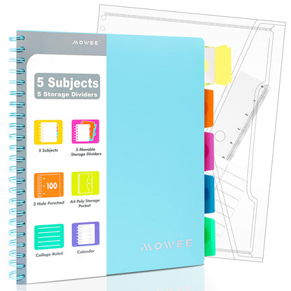 Spiral Notebook - 5 Subject Notebook, College Ruled Notebook 3-Hole Punched With Dividers, Storage Pockets, 11" Ruler, 200 Pages, for Writing Journal, Home &Office, School Supplies（Black）