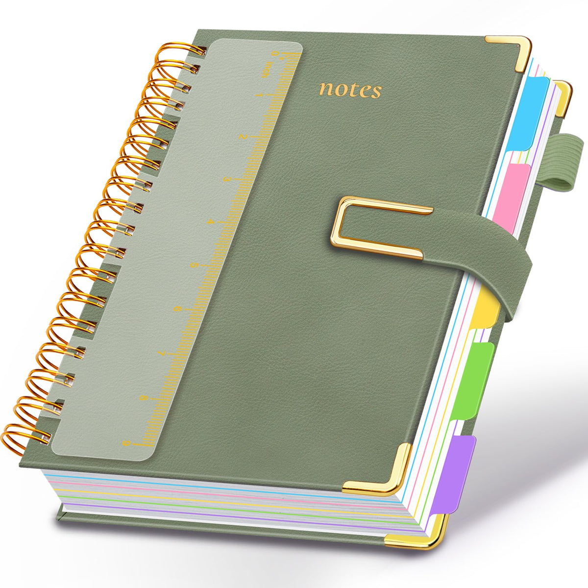 Hardcover Spiral Notebook College Ruled, 6.2"x 8.2" Leather Journal Notebook with Magnetic Closure, 300 Pages 5 Subject Notebook with Dividers Tabs Journal for Women Men, Work, School(Sage Green)