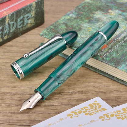 Asvine V800 Fountain Pen – Vacuum Filling System with Large Ink Capacity – Smooth Number 8 Fine Nib with Gift Case and Wrench- Green Acrylic