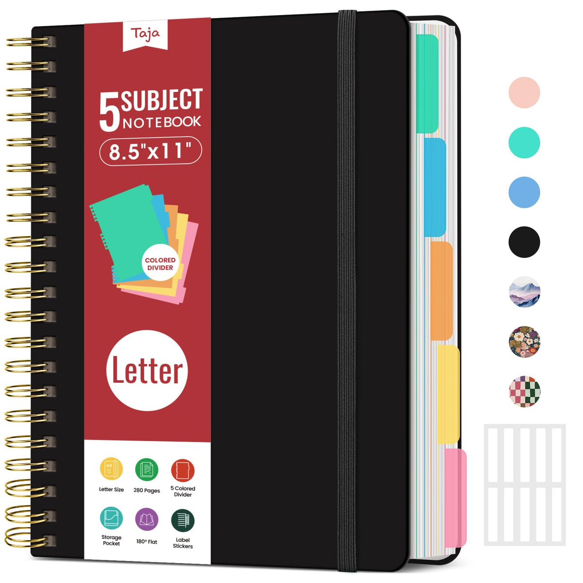 Taja Spiral Notebooks for Work 5 Subject Notebook with Removable Dividers