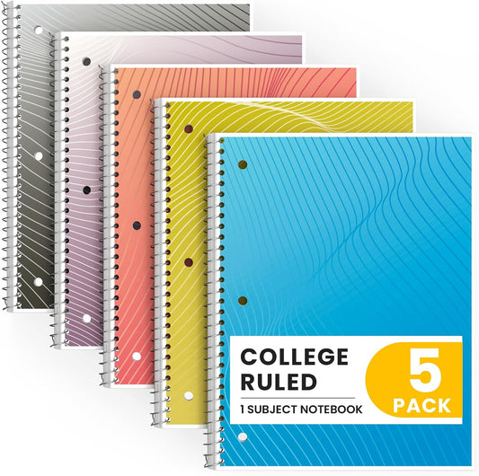 Oucaru 1 Subject Spiral Notebook College Ruled 5 Pack, 140 Pages