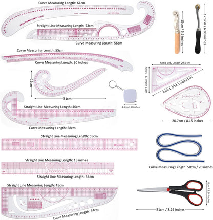 HLZC French Curve Ruler for Pattern Making, 15 Pieces Clear Sewing Ruler Set for Beginners Tailors Designers