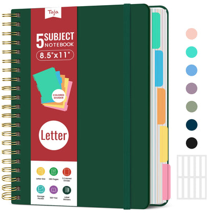Taja Spiral Notebooks for Work 5 Subject Notebook with Removable Dividers