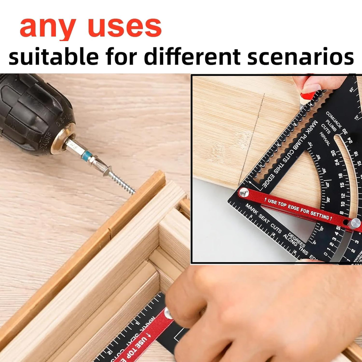 Carpenter Square 7 inch,Adjustable Rafter Framing Square Tools,T Square Multi-Purpose Aluminum Alloy Triangle Carpenter Square for Woodworking and Carpentry | Drill Gauge, Protractor, Ruler ﻿