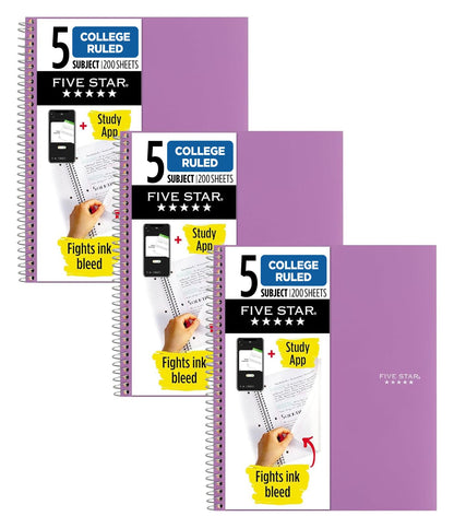 Five Star Spiral Notebook + Study App, 5 Subject, College Ruled Paper, 8-1/2" x 11", 200 Sheets, Fights Ink Bleed, Water Resistant Cover, Prom Pink (820004R)