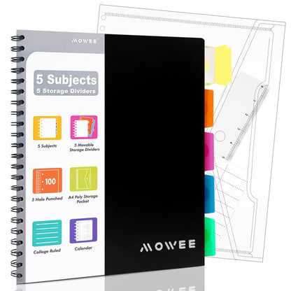 Spiral Notebook - 5 Subject Notebook, College Ruled Notebook 3-Hole Punched With Dividers, Storage Pockets, 11" Ruler, 200 Pages, for Writing Journal, Home &Office, School Supplies（Black）