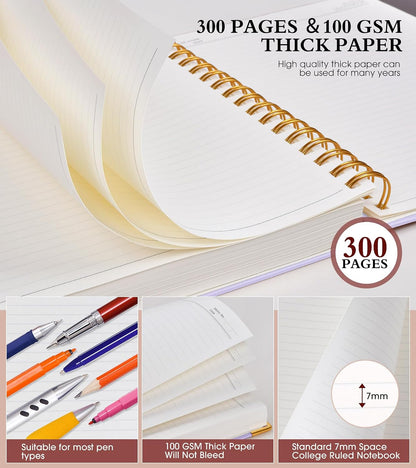 Spiral Notebook Journal 8.5” x 11”, 300 Pages Hardcover Leather Lined Journals for Women Men, A4 Large College Ruled Notebooks with 100 GSM Thick Paper, Spiral Journal for Writing Work School, Purple