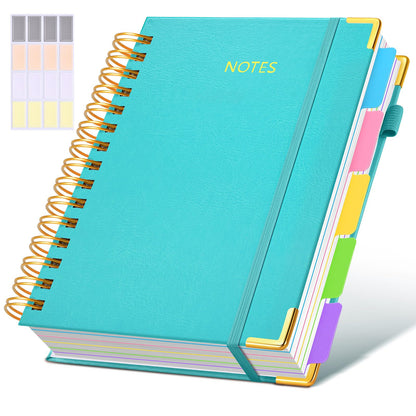 Hardcover Spiral Notebook journal with Removable Dividers Tabs, 300 Pages Leather 5 Subject Notebook College Ruled, 8"x10" Large B5 Notebooks for Work School Note taking, Lined Journal for Women,Green