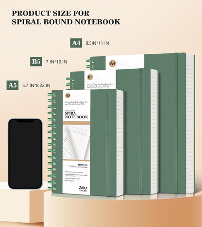 Spiral Notebook Journal, 360 Pages College Ruled Notebooks, Lined Thick Journals for Women Men,B5 Big Spiral Notebooks with 100GSM Paper, Spiral Bound Journal for Writing Work School Green 7.6"×10"