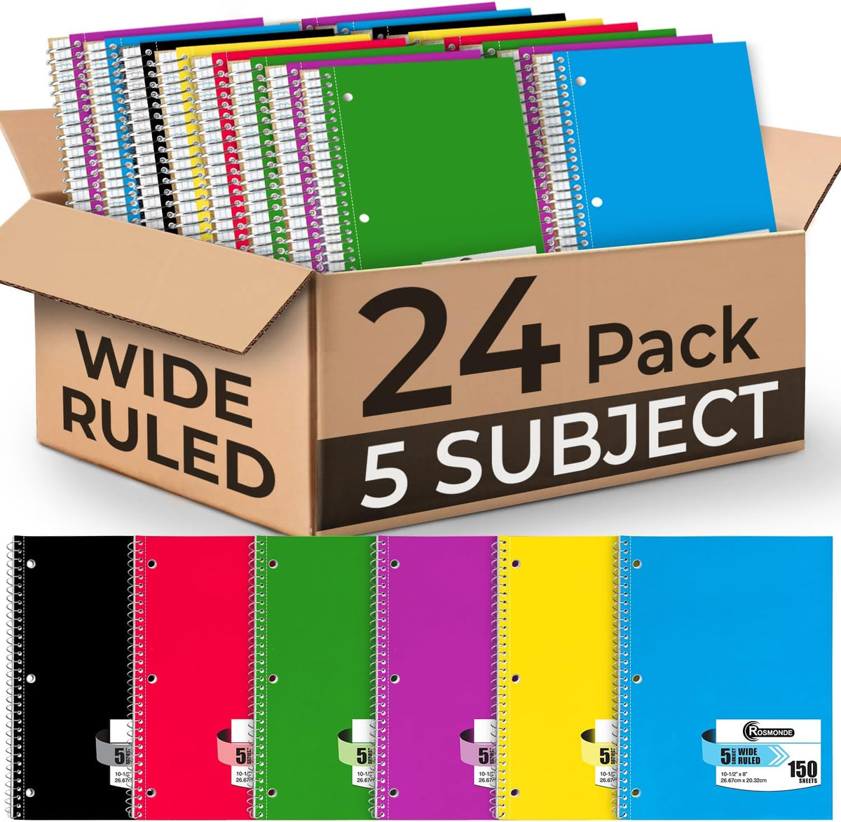 Rosmonde 24 Pack, 5 Subject Notebook Wide Ruled, 150 Sheets (300 Pages)