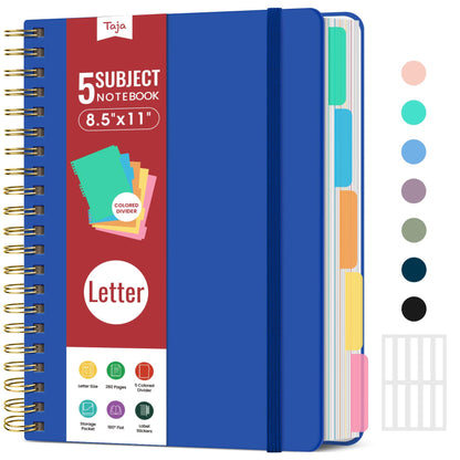 Taja Spiral Notebooks for Work 5 Subject Notebook with Removable Dividers