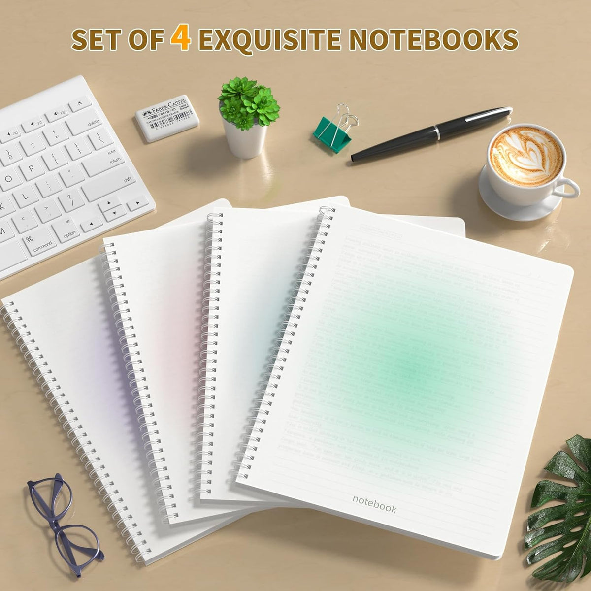 Oucaru A4 Spiral Notebook 4 Pack College Ruled Cute Pastel Notebooks