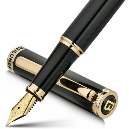 BEILUNER Blue Fountain Pen, 24K Gold Accents,24K Gilded Nib(Medium)