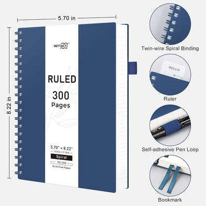 RETTACY Spiral College Ruled Notebook, 300 Pages, A5 Size (5.7" x 8.2")