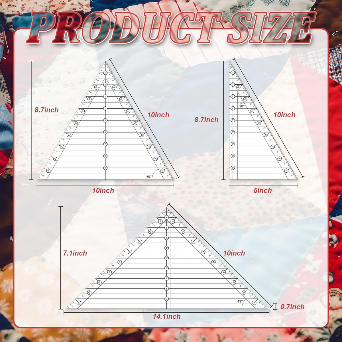 Watersay 3 Pcs 45°/30°/60° Angles Triangle Quilting Ruler 10 Inch Acrylic