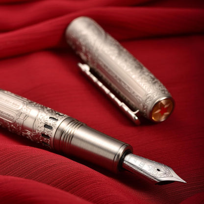 Hongdian 100 Piston Fountain Pen Silver Steel, Iridium Medium Nib Calligraphy Pen, Smooth Writing Pen with Pen Case Set