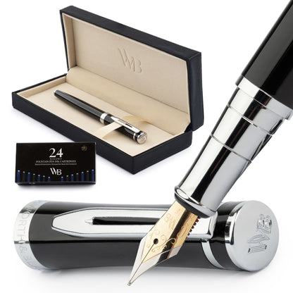 Wordsworth & Black Luxury Fountain Pen Set for Writing, Medium Nib, Silver