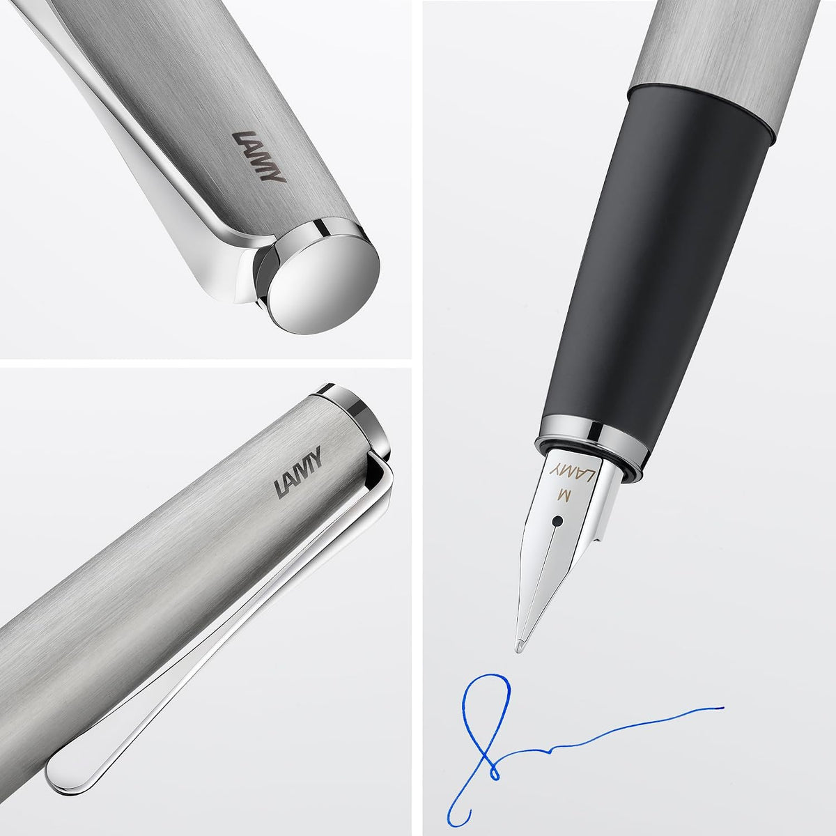 Lamy studio brushed - Fountain Pen in elegant metal body - steel nib, partially platinum-plated & in nib size M - incl T 10 blue ink cartridge