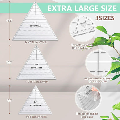 Kigley 3 Pcs 60 Degree Triangle Ruler for Quilting Acrylic Template Rulers Quilting Sewing Layer Cake Patchwork Supplies for Cutting Pattern DIY Craft (Clear,8.5,10.5,12.5 Inch)