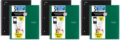 Five Star Spiral Notebook + Study App, 2 Pack, 3 Subject, College Ruled Paper, 8-1/2" x 11", 150 Sheets, Fights Ink Bleed, Water Resistant Cover, Black, Green (820191)