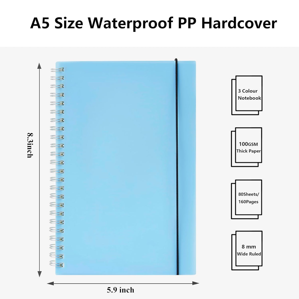 3 Pack Spiral Notebook Wide Ruled A5 Size 5.8"x8.3"