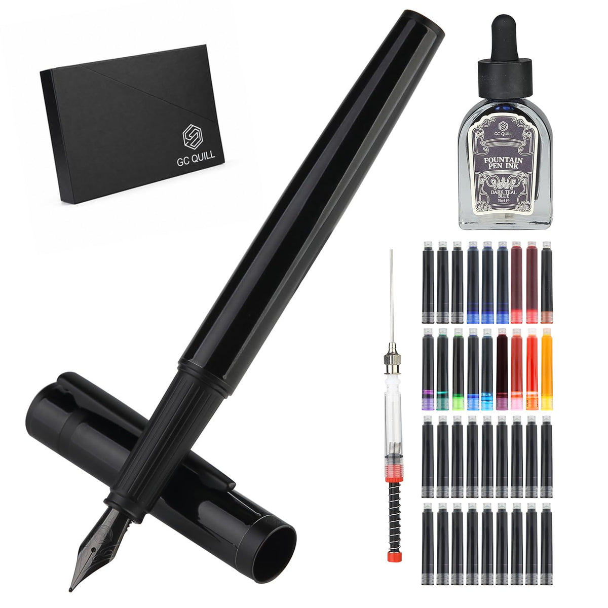 Fountain Pen Set, Elegant Executive Fine Nib Pen with Ink Converter, Refill Tool, Black & Assorted Cartridges, Bottled Ink, Gift for Journaling, Writing, Office and Beginners (Black & Gold)