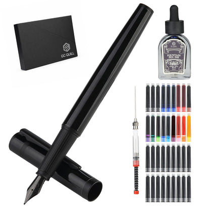 Fountain Pen Set, Elegant Executive Fine Nib Pen with Ink Converter, Refill Tool, Black & Assorted Cartridges, Bottled Ink, Gift for Journaling, Writing, Office and Beginners (Black & Gold)