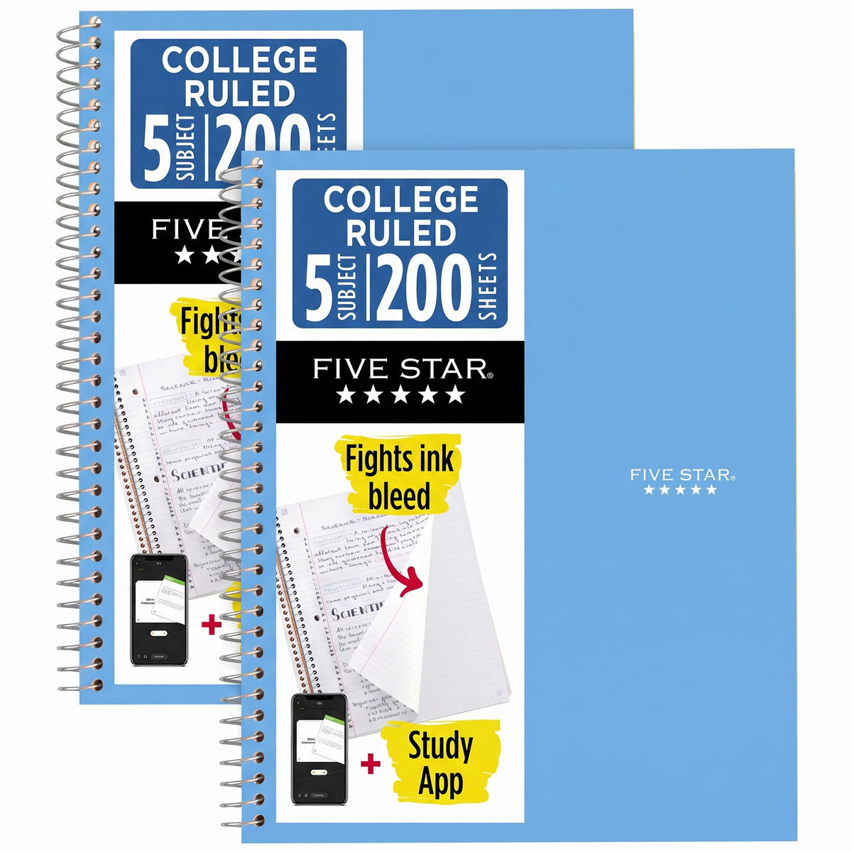 Five Star Spiral Notebook + Study App, 5 Subject, College Ruled Paper, 8-1/2" x 11", 200 Sheets, Fights Ink Bleed, Water Resistant Cover, Prom Pink (820004R)