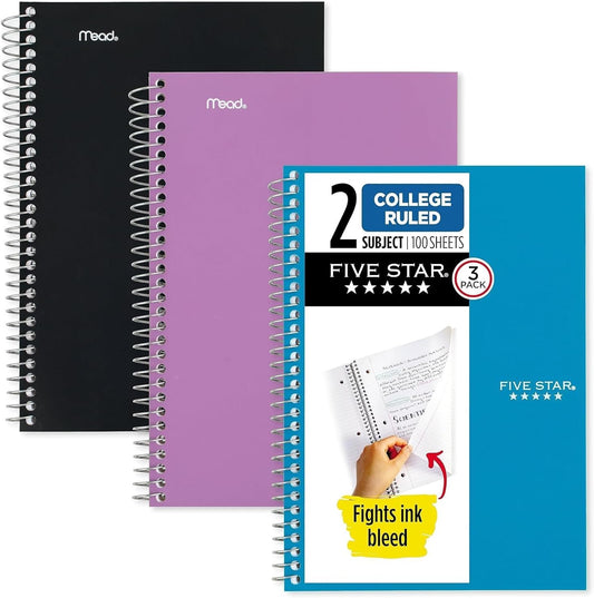Five Star Spiral Notebooks, 2 Subject, College Ruled Paper, 100 Sheets, 9-1/2" x 6", Colors Selected For You, 3 Pack (73521)