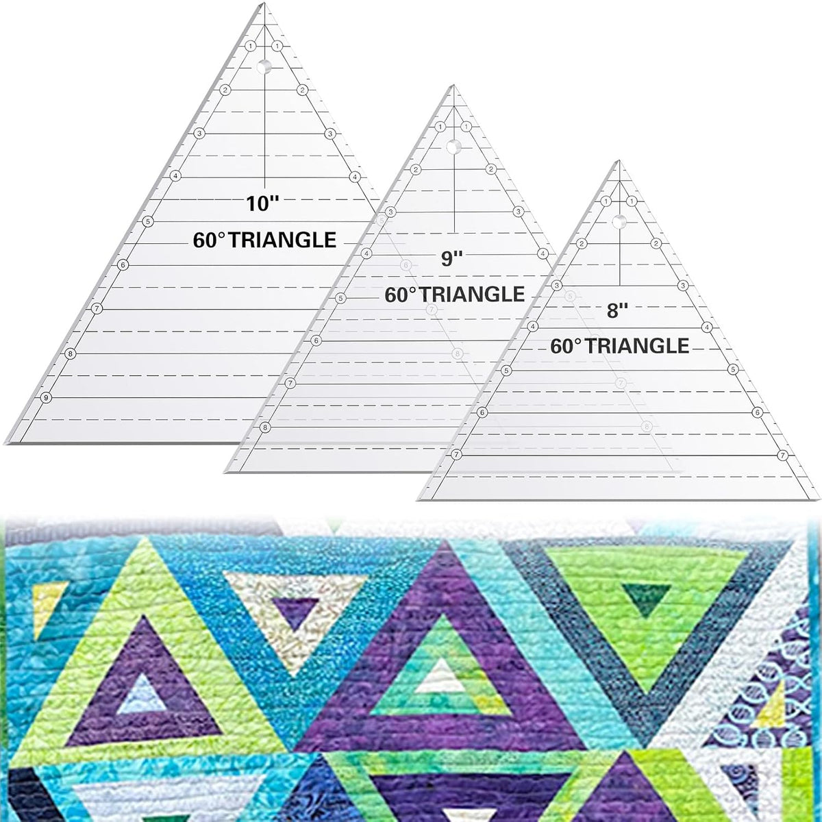 Kigley 3 Pcs 60 Degree Triangle Ruler for Quilting Acrylic Template Rulers Quilting Sewing Layer Cake Patchwork Supplies for Cutting Pattern DIY Craft(Clear,8,9,10 Inch)