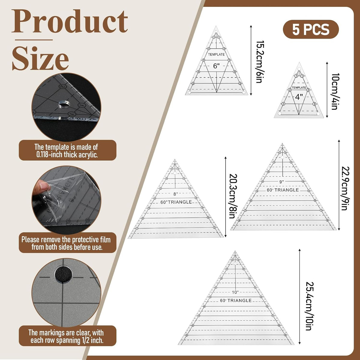 5 Pack Triangle Ruler for Quilting, 3 Pcs 60 Degree and 2 Pcs Isosceles Ruler