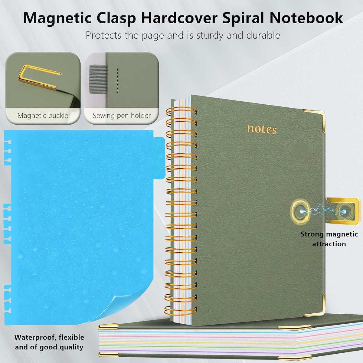 Hardcover Spiral Notebook College Ruled, 6.2"x 8.2" Leather Journal Notebook with Magnetic Closure, 300 Pages 5 Subject Notebook with Dividers Tabs Journal for Women Men, Work, School(Sage Green)