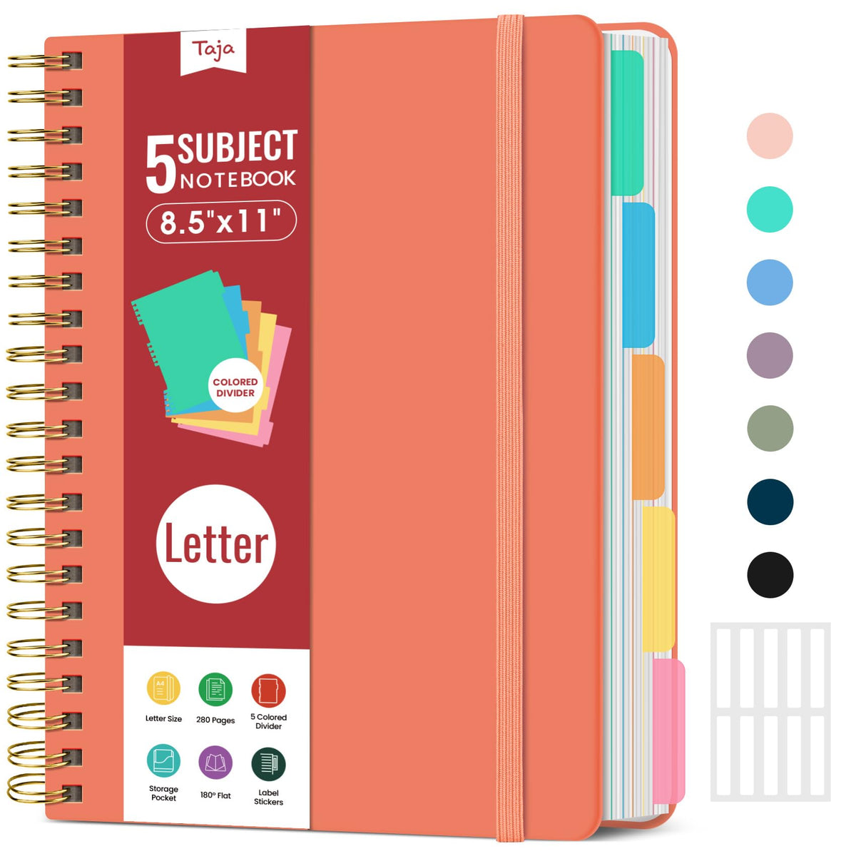 Taja Spiral Notebooks for Work 5 Subject Notebook with Removable Dividers