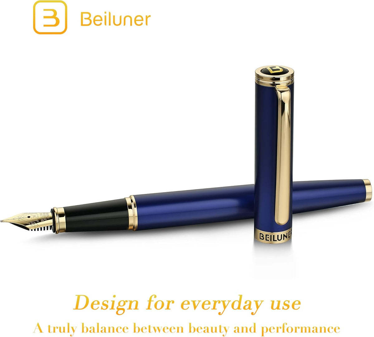 BEILUNER Blue Fountain Pen, 24K Gold Accents,24K Gilded Nib(Medium)