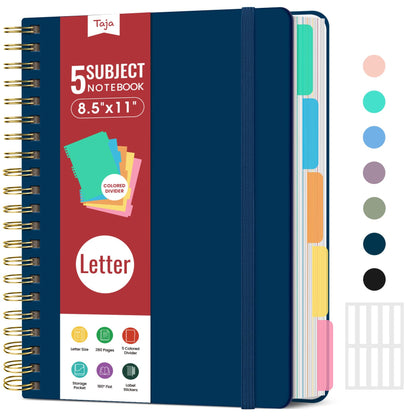 Taja Spiral Notebooks for Work 5 Subject Notebook with Removable Dividers