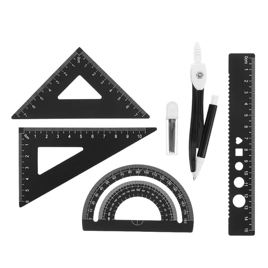 Black Aluminum Alloy Math Ruler Set with Compass and Protractor