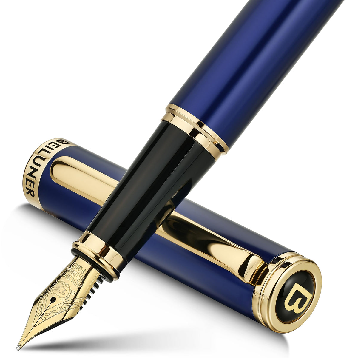 BEILUNER Blue Fountain Pen, 24K Gold Accents, Gorgeous 24K Gilded Nib(Fine)