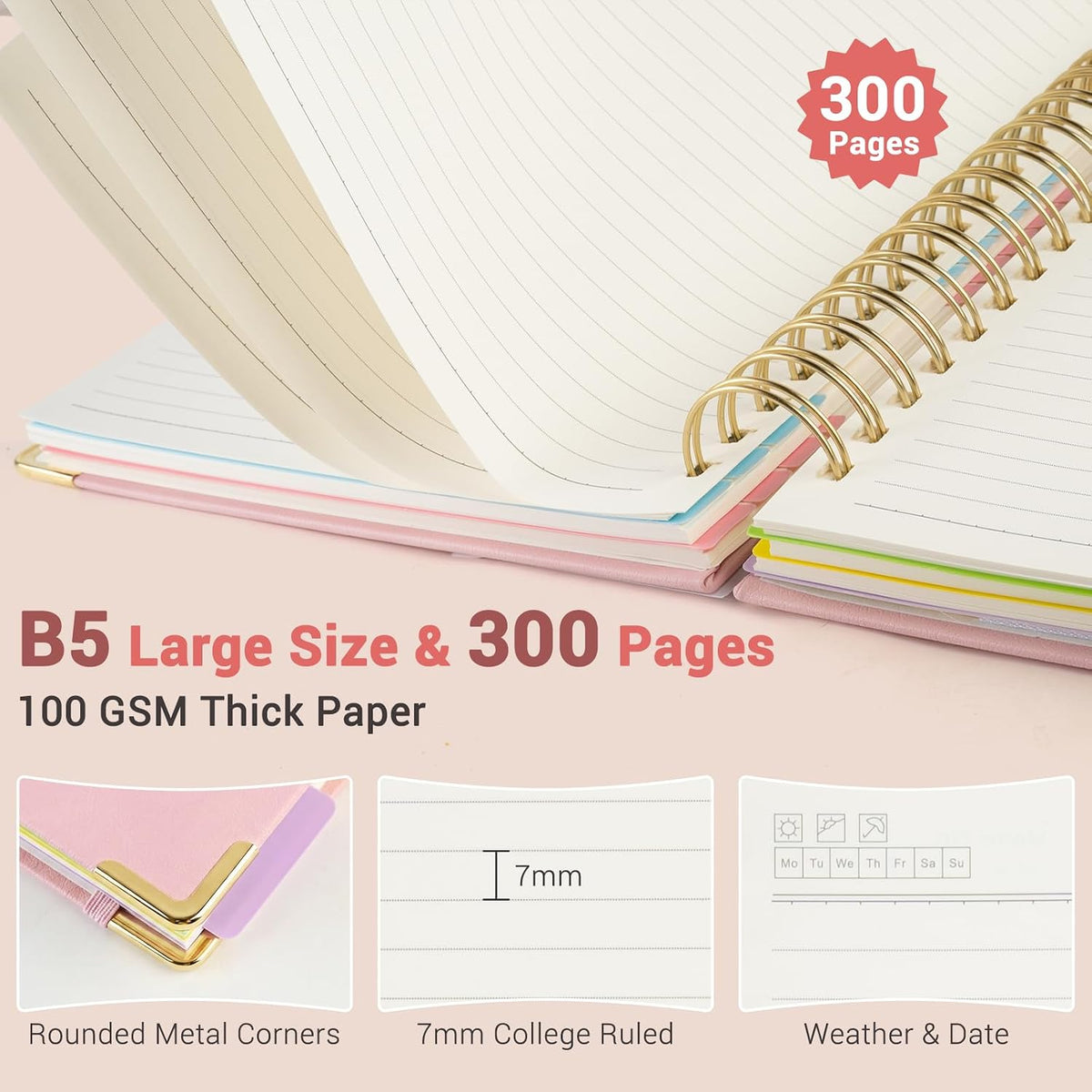 Hardcover Spiral Notebook, 5 Subject Notebook College Ruled 300 Pages