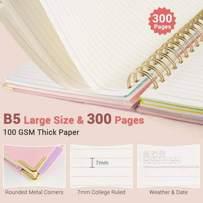 Hardcover Spiral Notebook, 5 Subject Notebook College Ruled 300 Pages