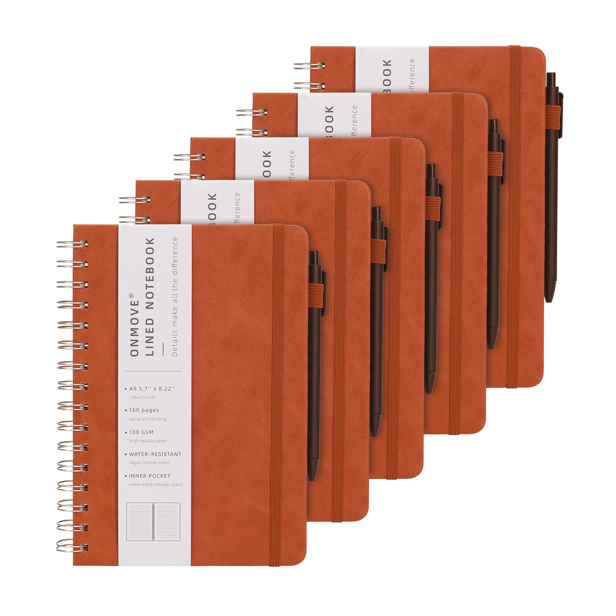 Spiral Notebooks Journal for Women Men 5 Pack Bulk Leather Hardcover with Pen Holder A5 160 Pages 100 GSM Thick Paper for Work School (Black)