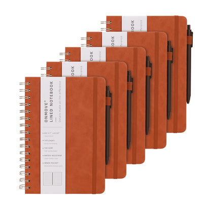 Spiral Notebooks Journal for Women Men 5 Pack Bulk Leather Hardcover with Pen Holder A5 160 Pages 100 GSM Thick Paper for Work School (Black)