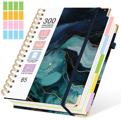 Hardcover Spiral Notebook, 5 Subject Notebook College Ruled 300 Pages