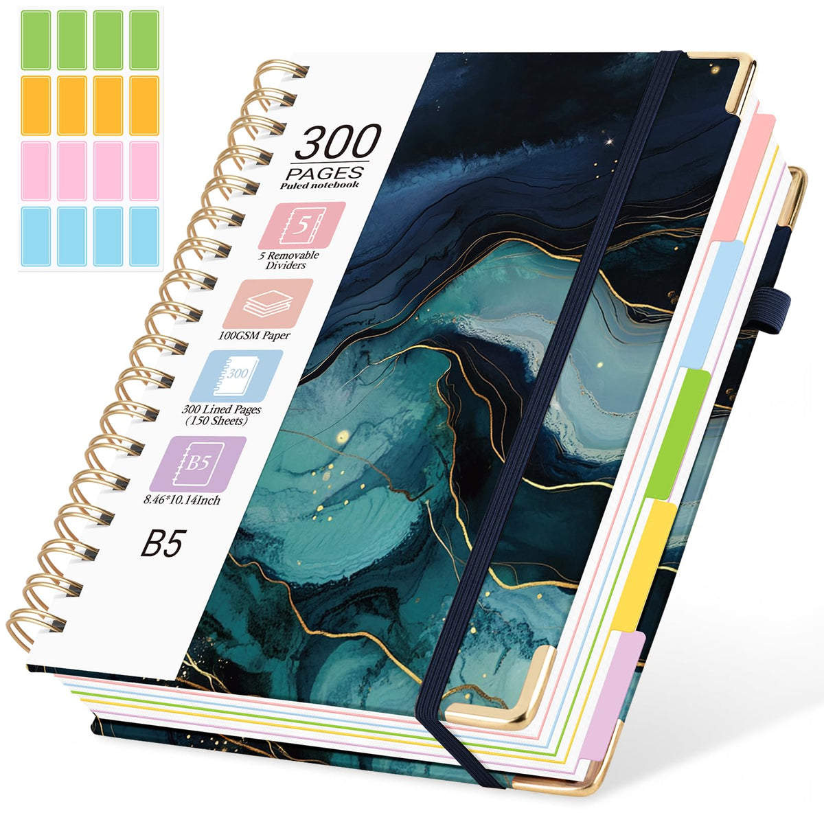 Hardcover Spiral Notebook, 5 Subject Notebook College Ruled 300 Pages