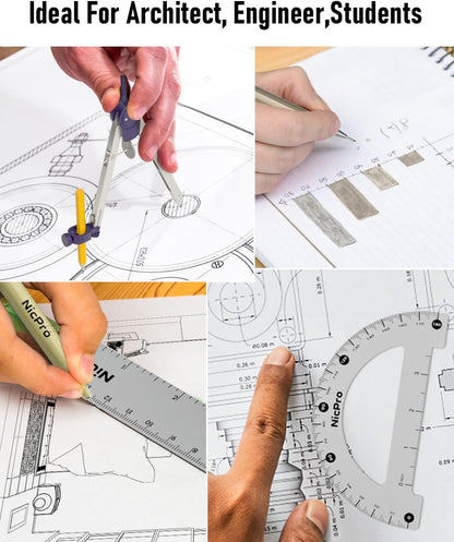 Nicpro 20PCS Professional Geometry Set Drafting Tool Protractor Compass