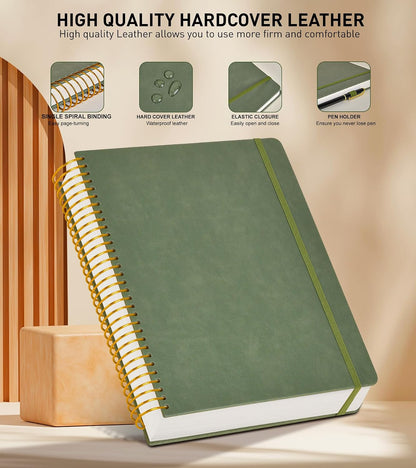 A4 Spiral Notebook Journal 8.5” x 11”, 256 Numbered Pages Hardcover Leather Journals for Women Men, Large Lined College Ruled Notebooks, 100GSM Thick Paper, Spiral Bound Journal for Work School, Green