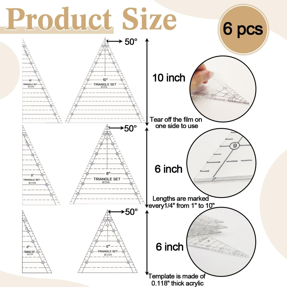 6 Set Tall Triangle Quilting Rulers for Quilting Templates 6 8 10 Inch Wedge Triangle Quilting Rulers and Templates, Sewing Templates for Sewing Cut Measurement DIY Craft Quilting Tools