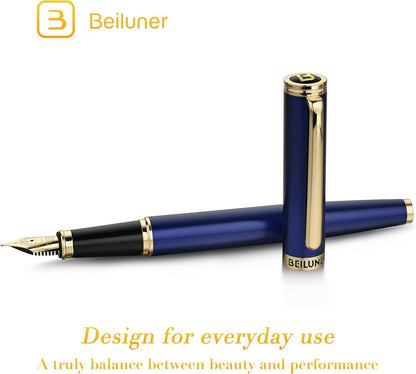 BEILUNER Blue Fountain Pen, 24K Gold Accents, Gorgeous 24K Gilded Nib(Fine)