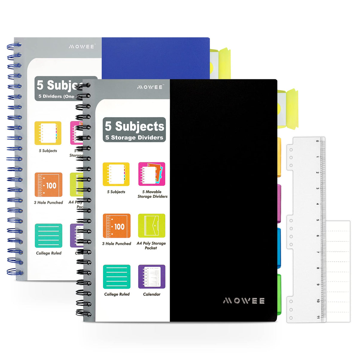 Spiral Notebook - 5 Subject Notebook, College Ruled Notebook 3-Hole Punched With Dividers, Storage Pockets, 11" Ruler, 200 Pages, for Writing Journal, Home &Office, School Supplies（Black）