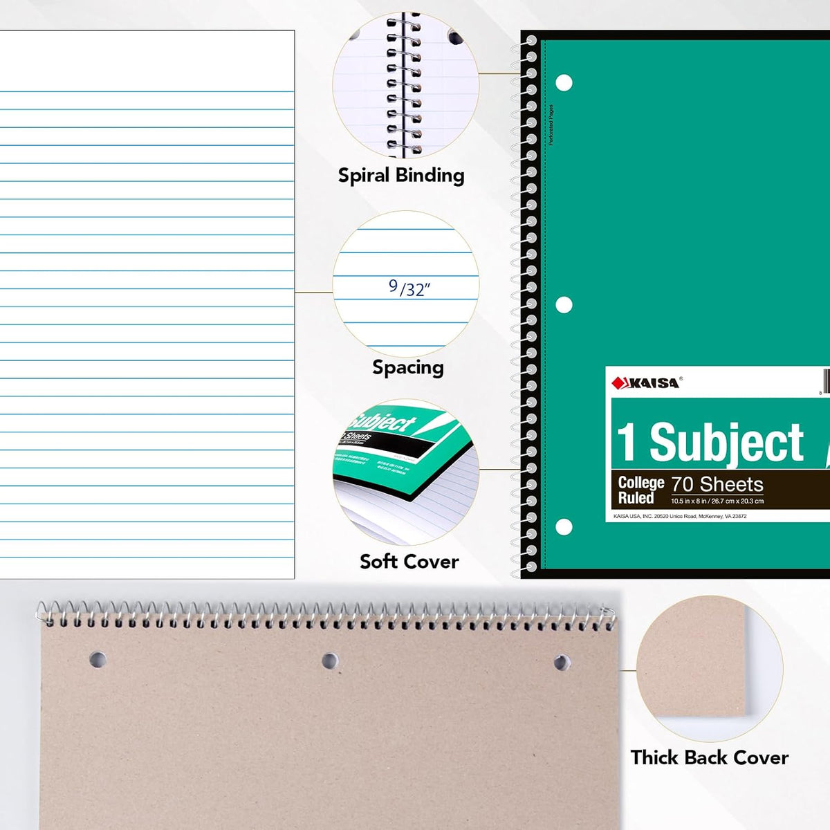 KAISA 70 Sheet 1-Subject Wirebound Notebook Spiral Notebooks, College Ruled 10.5x8 Spiral Notebooks For School Students Office, Pack of 6 Pads,S07001C