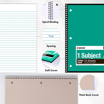 KAISA 70 Sheet 1-Subject Wirebound Notebook Spiral Notebooks, College Ruled 10.5x8 Spiral Notebooks For School Students Office, Pack of 6 Pads,S07001C